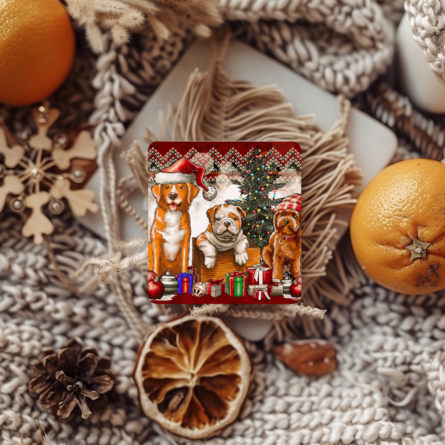“Paws & Presents” Christmas Dogs Coaster