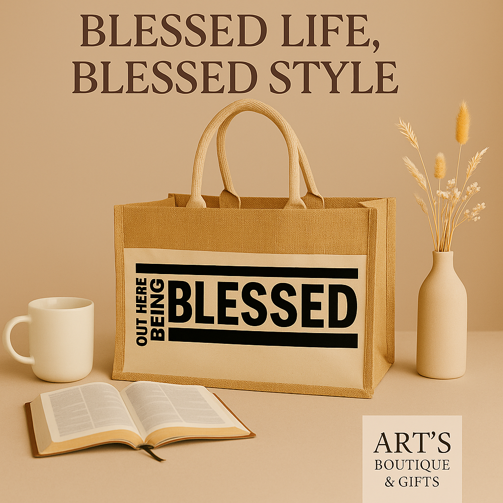 “Out Here Being Blessed” Jute Tote Bag