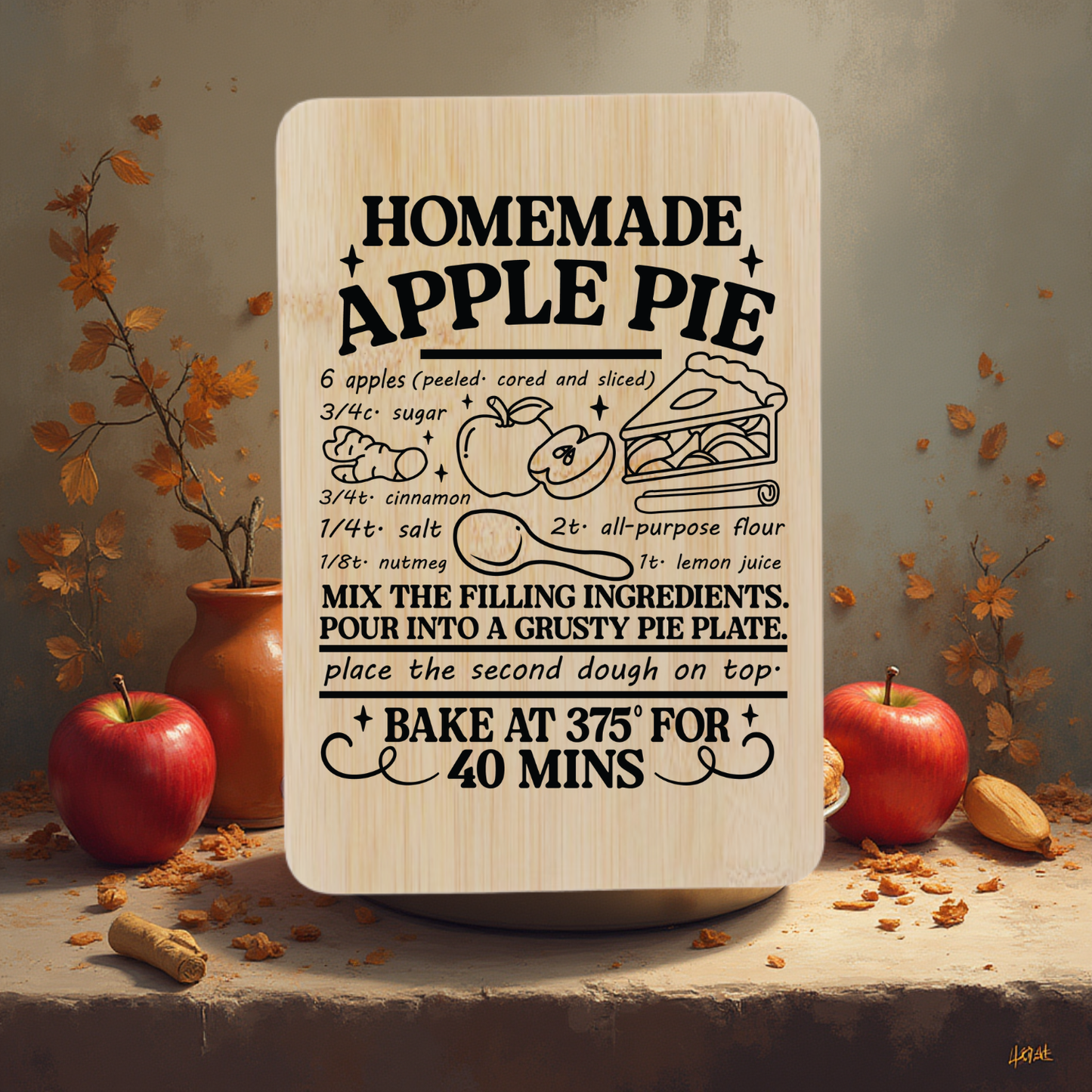 Homemade Apple Pie Recipe Engraved Cutting Board