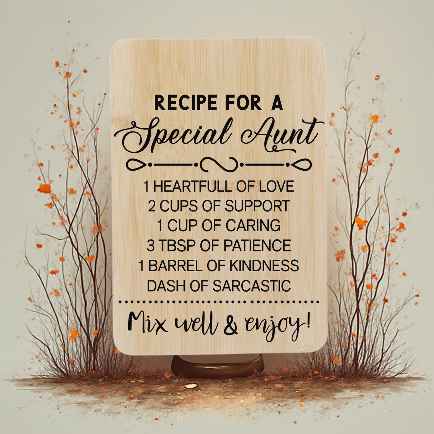 “Engraved bamboo cutting board that reads ‘Recipe for a Special Aunt’ — 9.8 x 6.68 inch kitchen keepsake gift.”
