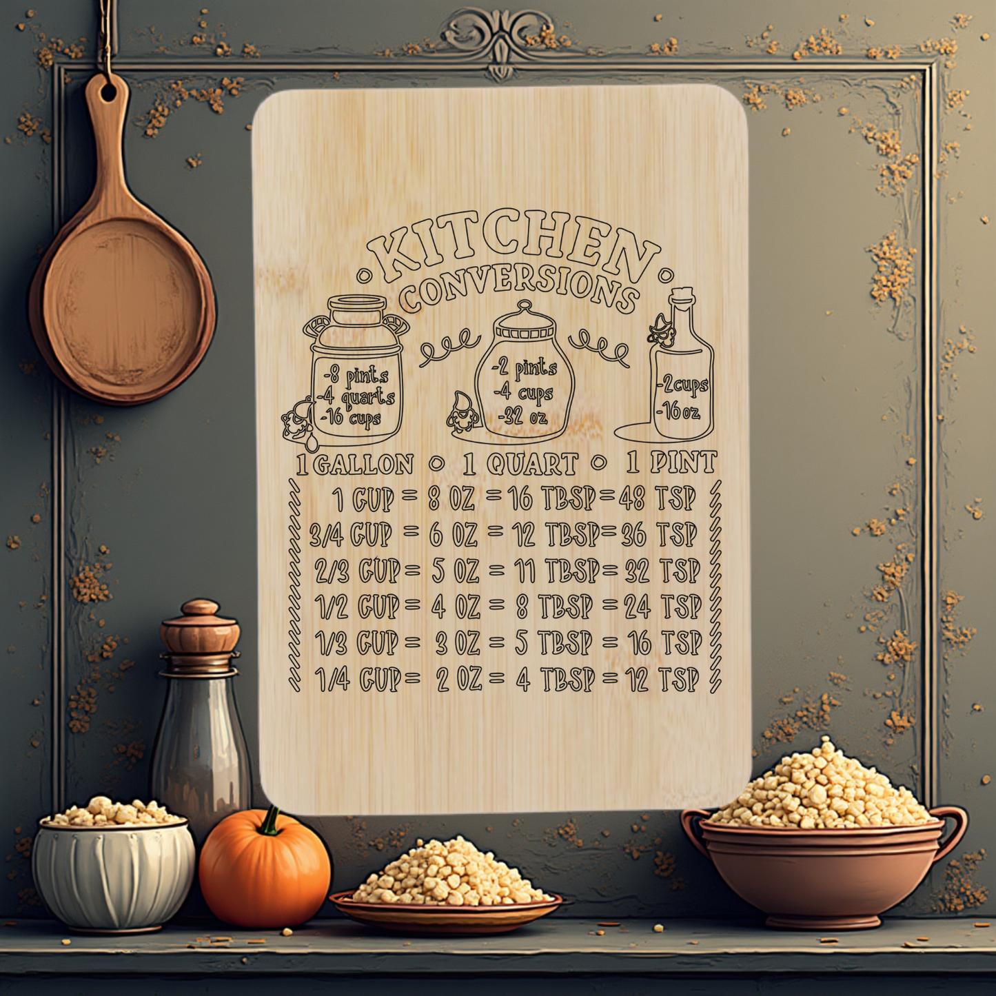 “Engraved bamboo cutting board with kitchen conversion chart — 9.8 x 6.68 inch countertop kitchen keepsake.”