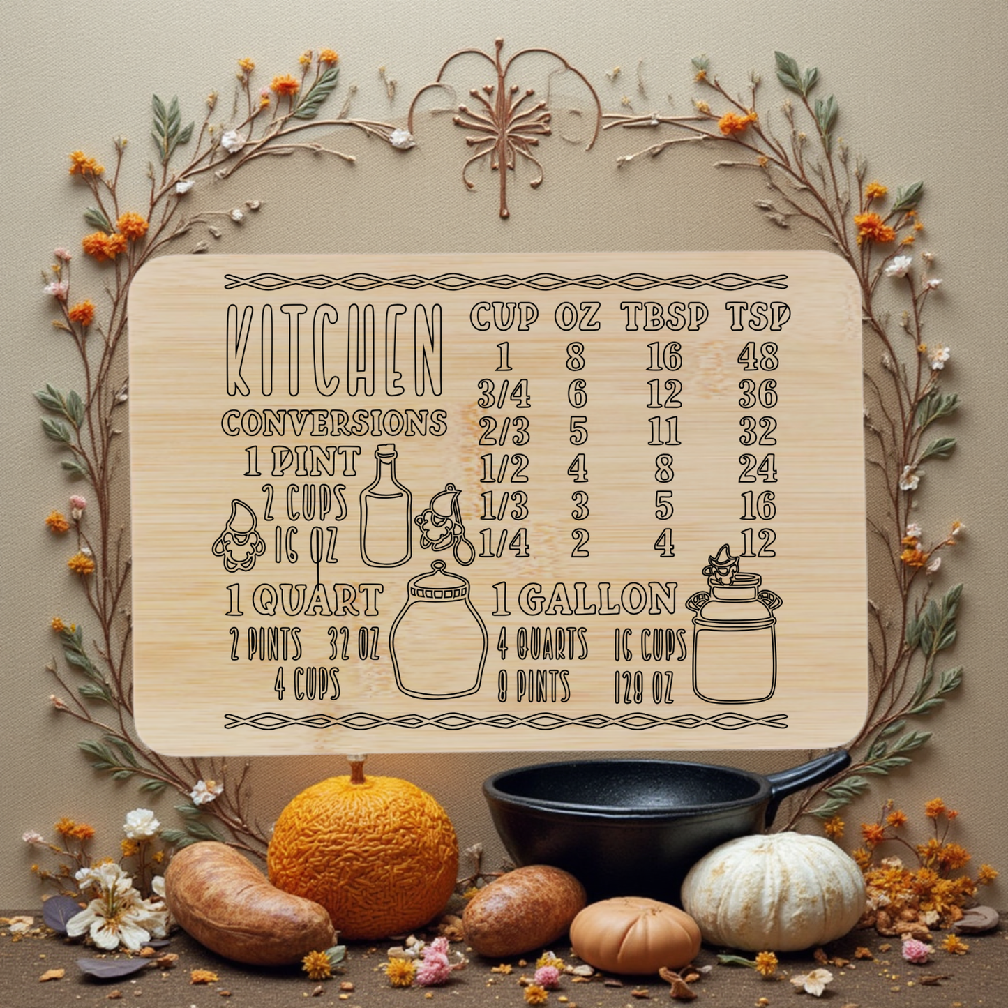 “Wide kitchen conversion chart engraved on a bamboo cutting board