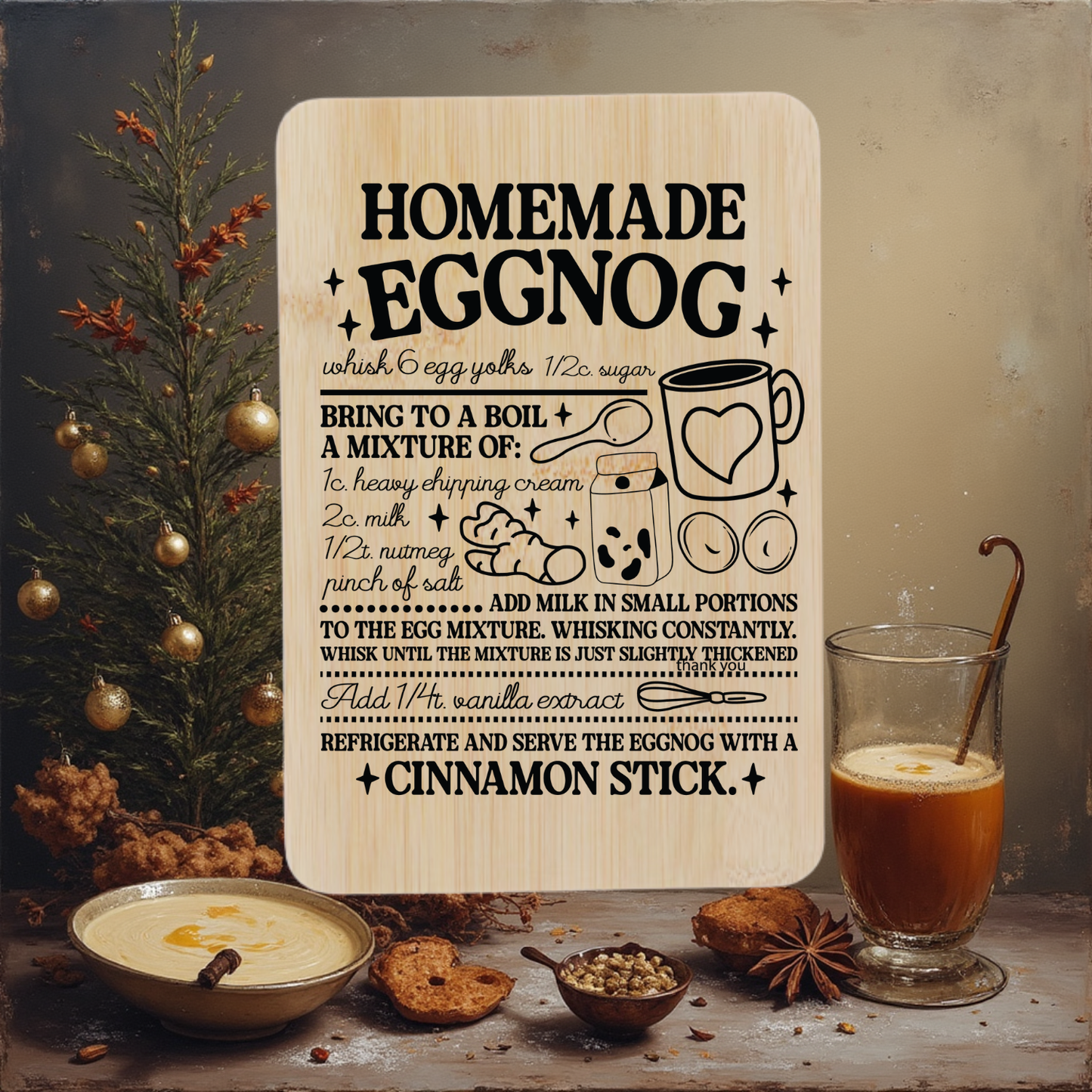 Classic Eggnog Recipe Engraved Bamboo Board