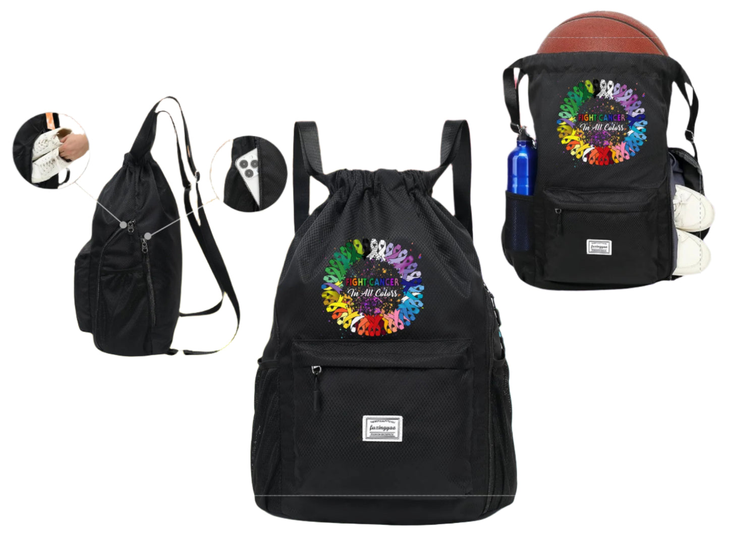 Fight Cancer: In All Colors Drawstring Sports Backpack- Black