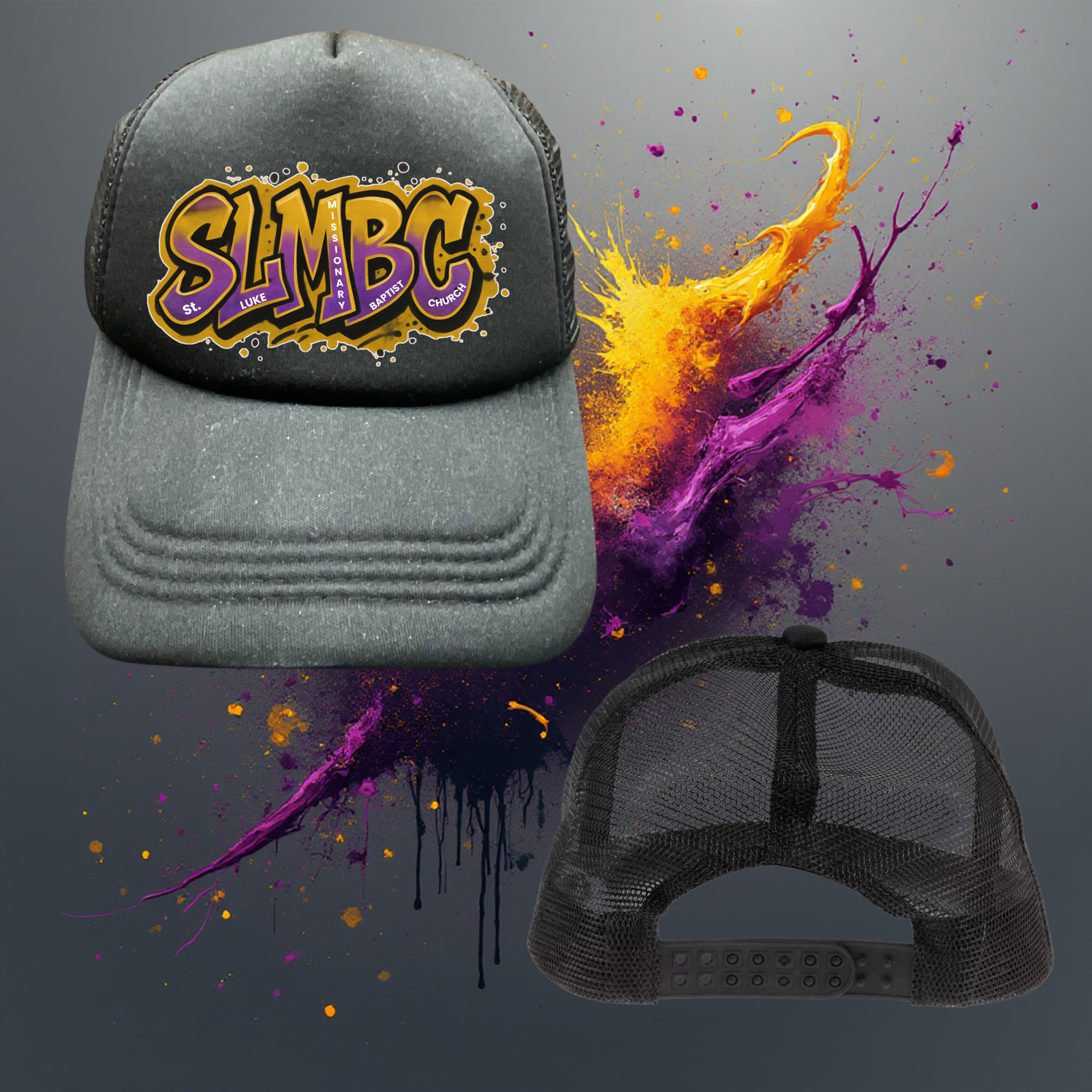 St. Luke Graffiti Trucker Hat – White & Black