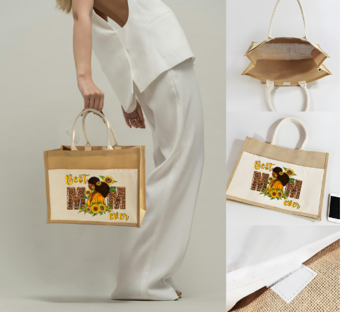 “Best Mom Ever” Leopard & Sunflower Jute Tote