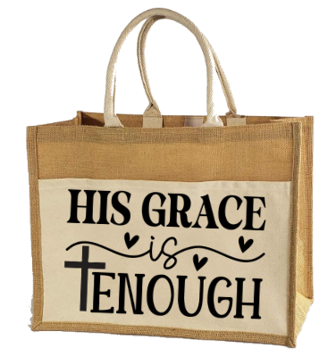 “His Grace is Enough” Canvas Pocket Jute Tote