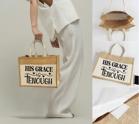 “His Grace is Enough” Canvas Pocket Jute Tote