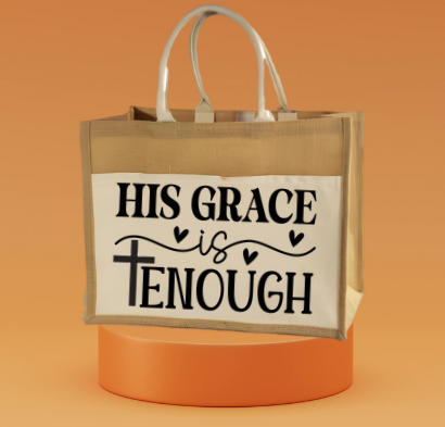 “His Grace is Enough” Canvas Pocket Jute Tote