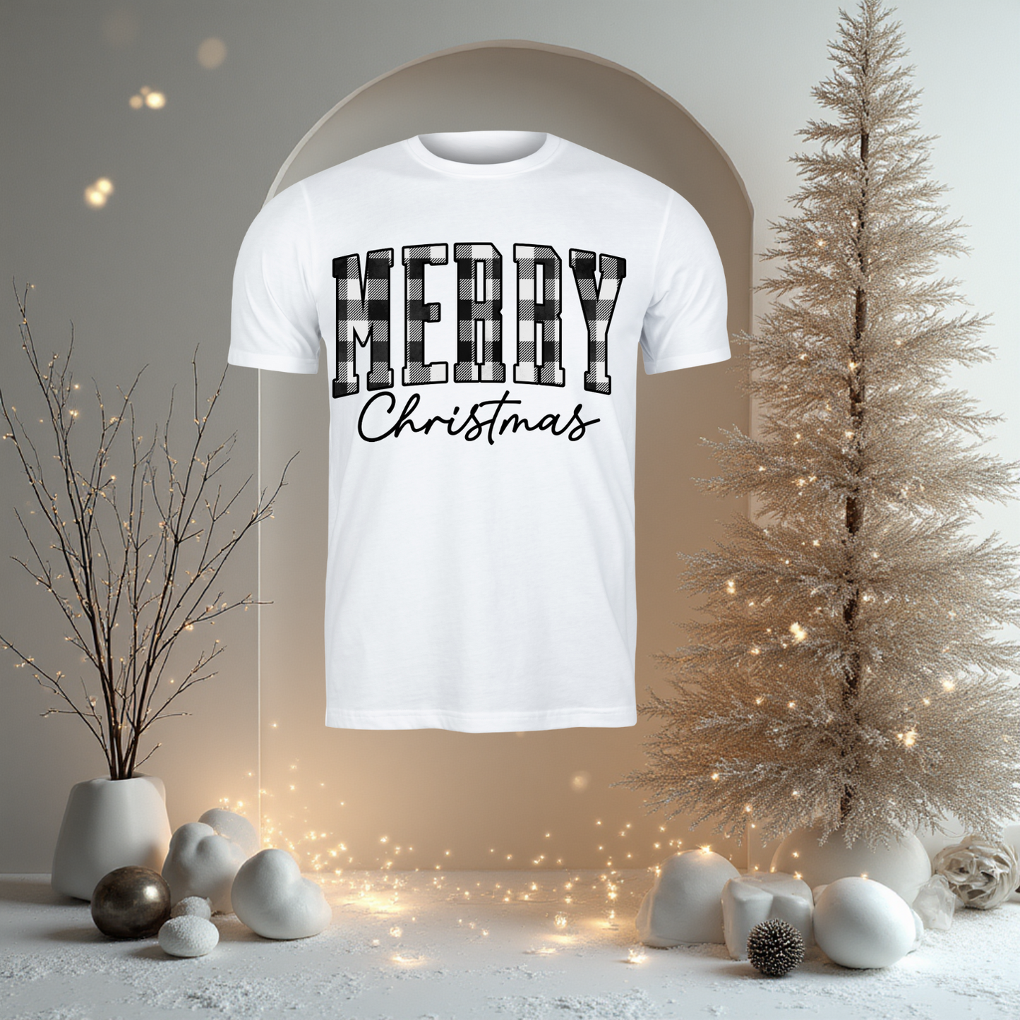 Christmas - Short Sleeve Shirt: MERRY Black & White Plaid