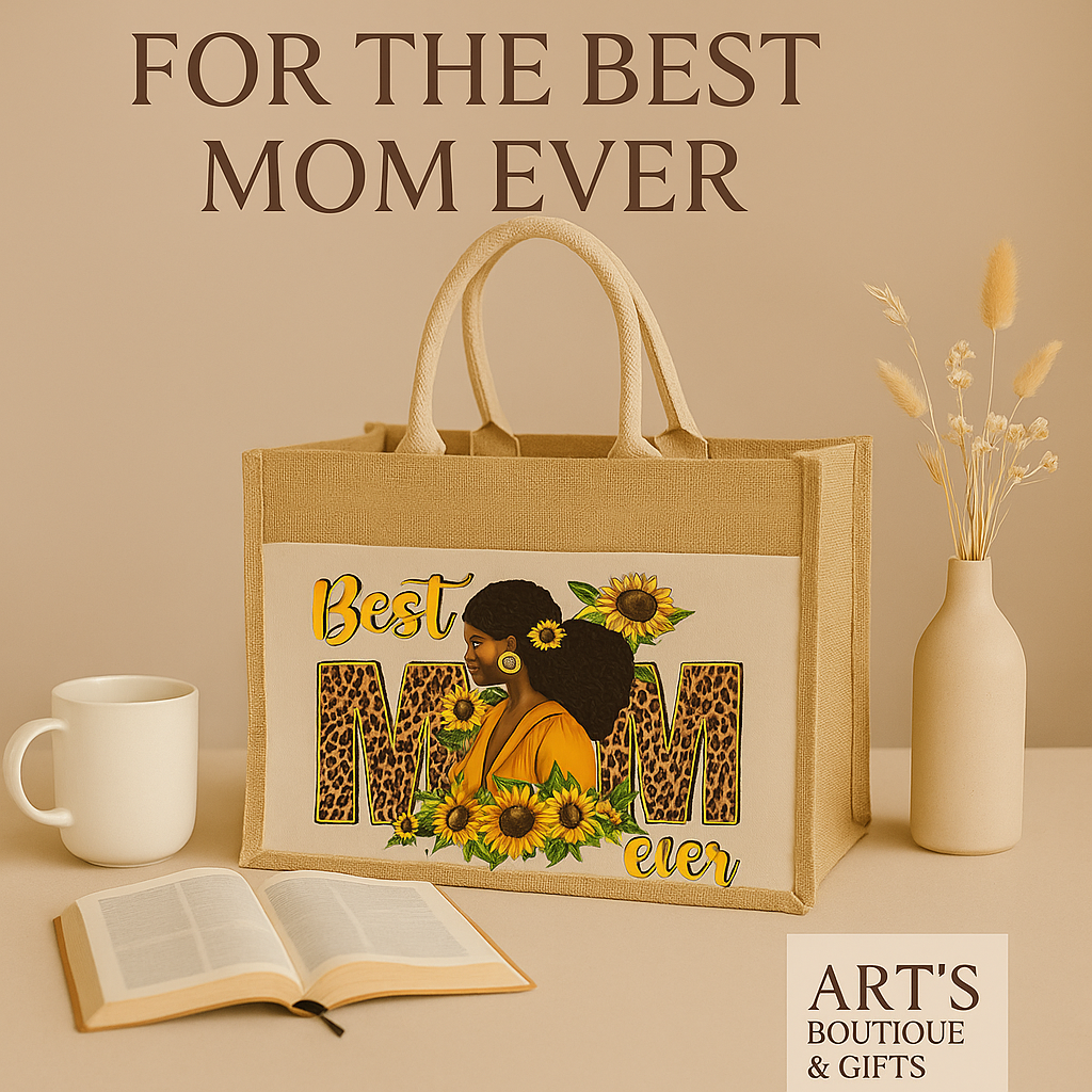 “Best Mom Ever” Leopard & Sunflower Jute Tote