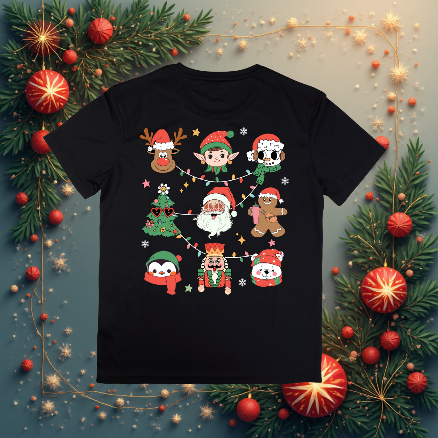 Holiday Cheer Characters Graphic Tee | Cute Christmas Cotton Shirt - ShopartsBG