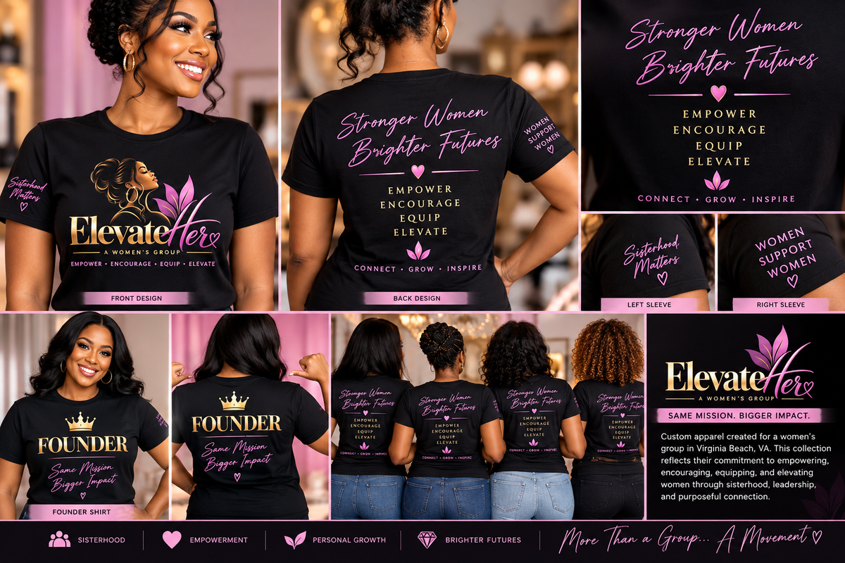 ElevateHer custom women's empowerment shirts in a polished portfolio collage