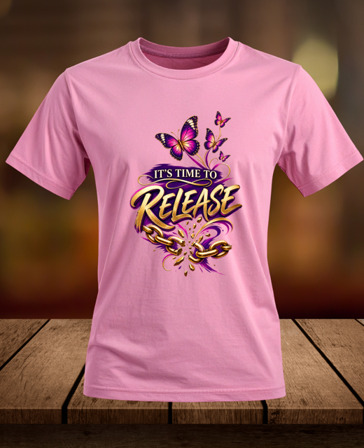 Digital mockup of pink women’s retreat T-shirt with butterflies, broken chains, and It’s Time to Release design
