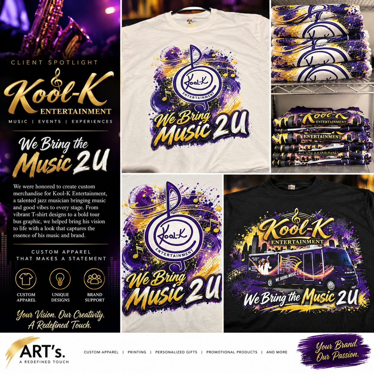 Kool-K Entertainment custom printed apparel collage showing white and black T-shirts and stacked completed shirts