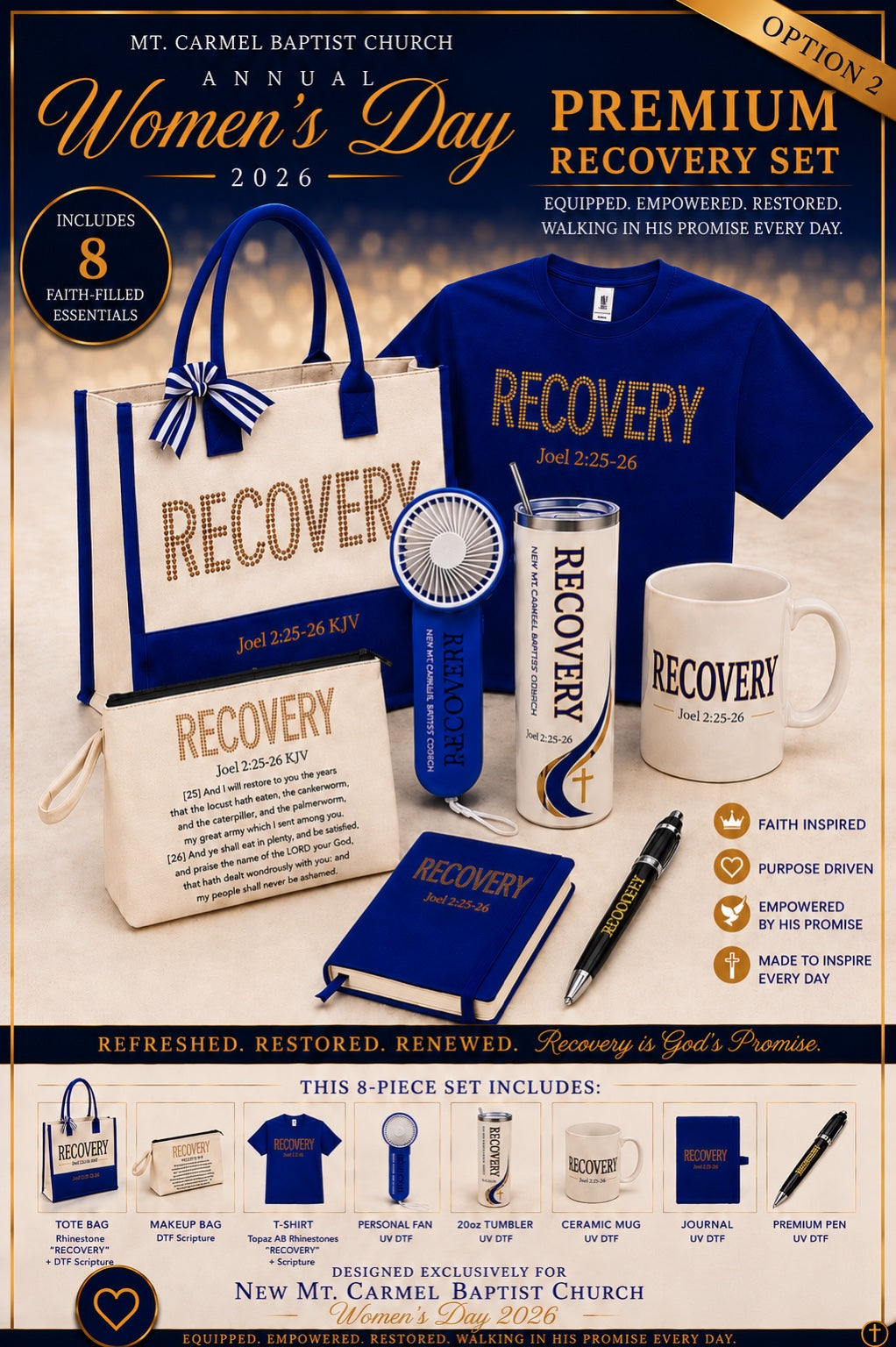 Presentation mockup of eight-piece Recovery collection for New Mt. Carmel Baptist Church Women’s Day