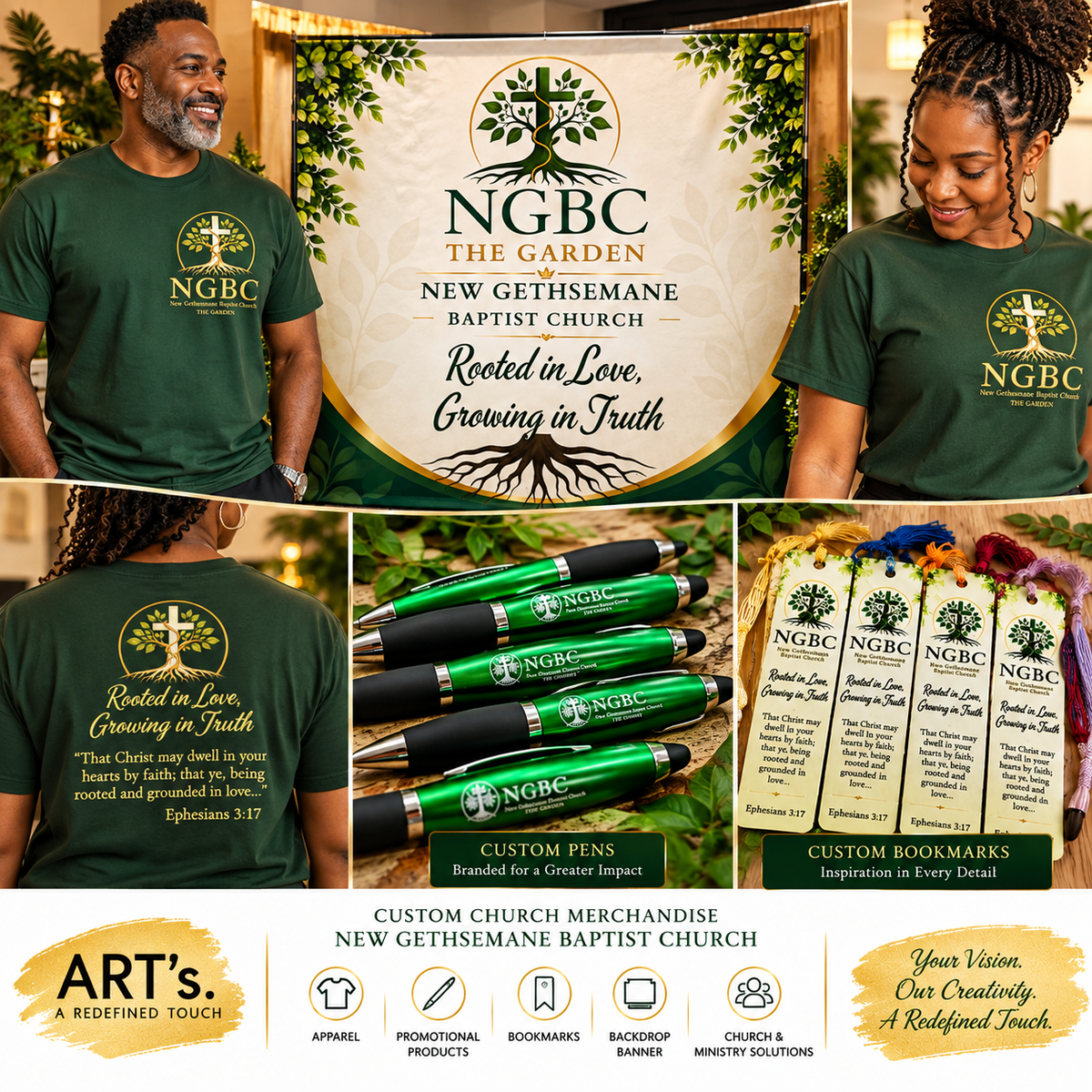 Collage of New Gethsemane Baptist Church apparel, pens, bookmarks and backdrop banner