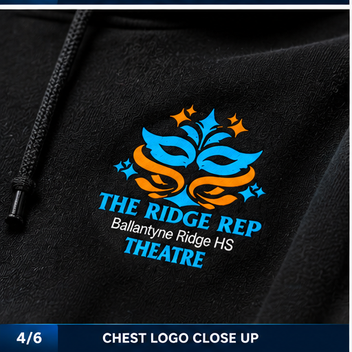 Ridge Rep Theatre Hoodie chest logo close-up