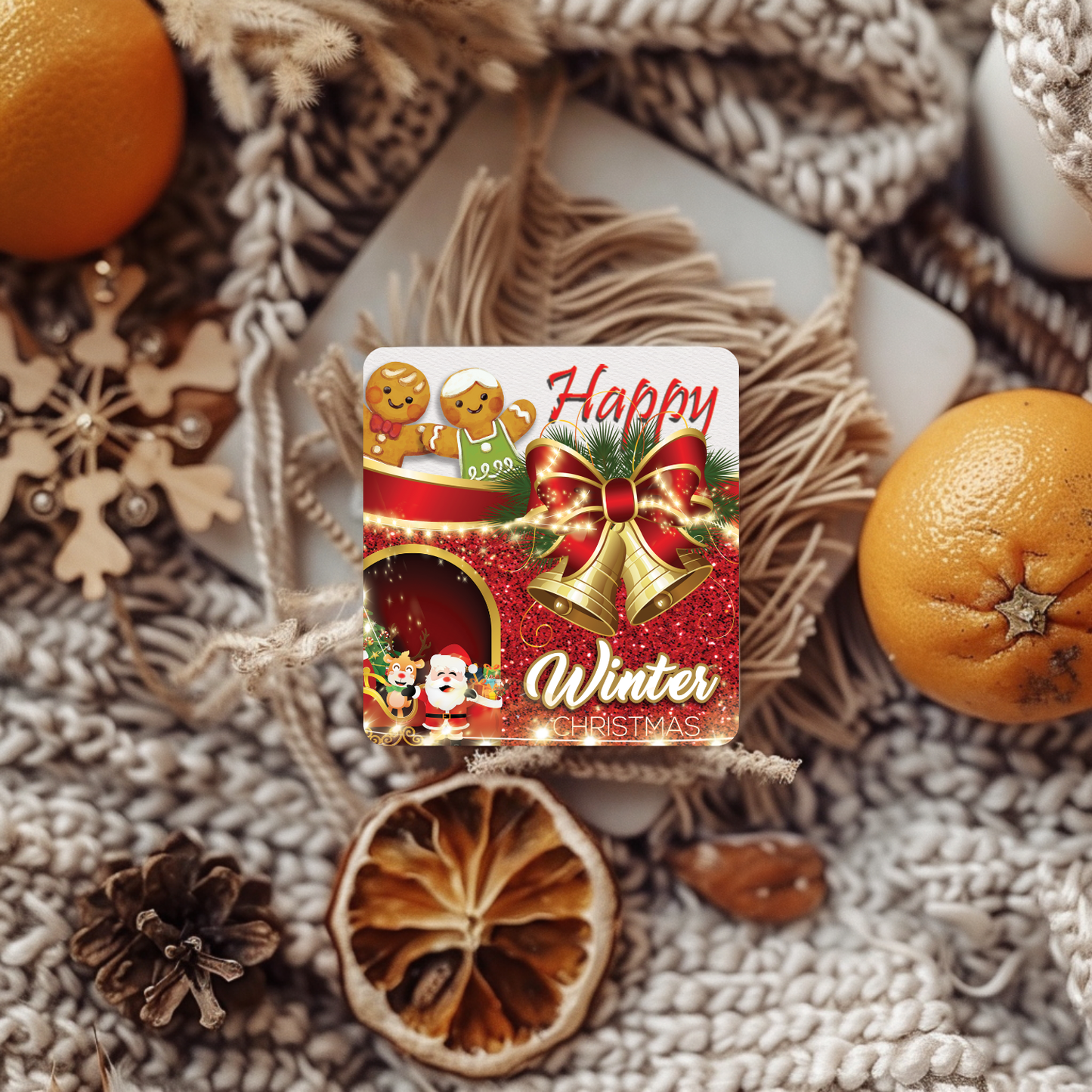 “Happy Winter Christmas” Gingerbread & Bells Coaster