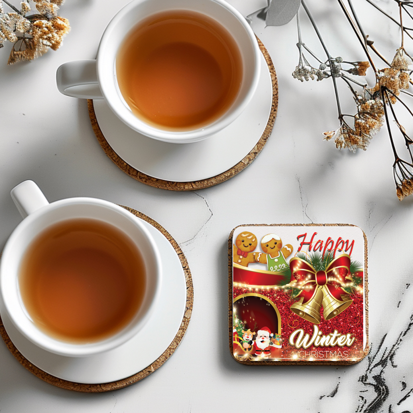 “Happy Winter Christmas” Gingerbread & Bells Coaster