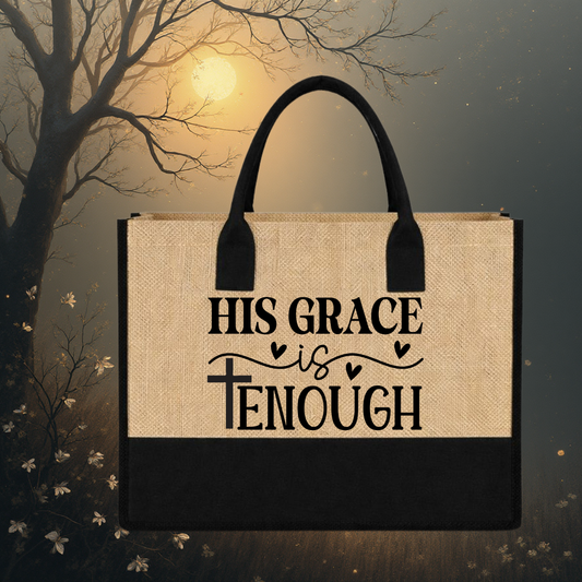 “His Grace is Enough” Canvas Pocket Jute Tote