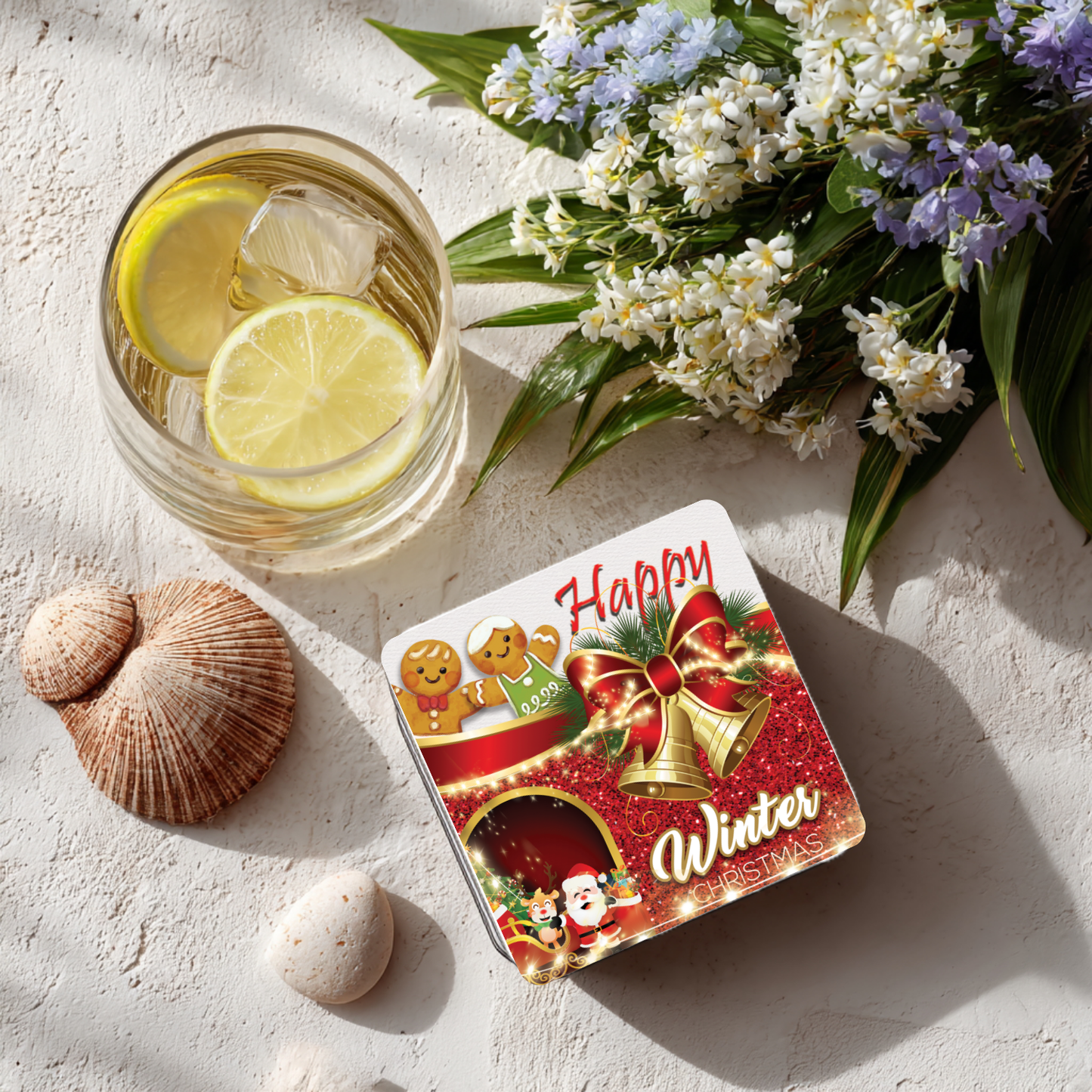 “Happy Winter Christmas” Gingerbread & Bells Coaster