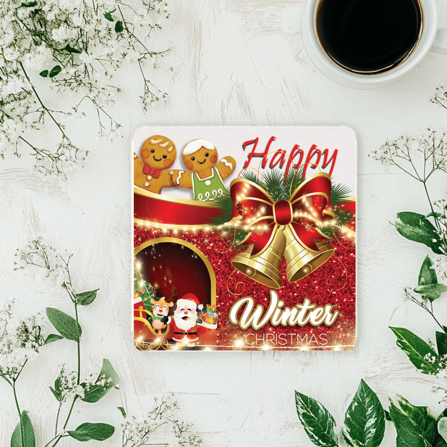 “Happy Winter Christmas” Gingerbread & Bells Coaster