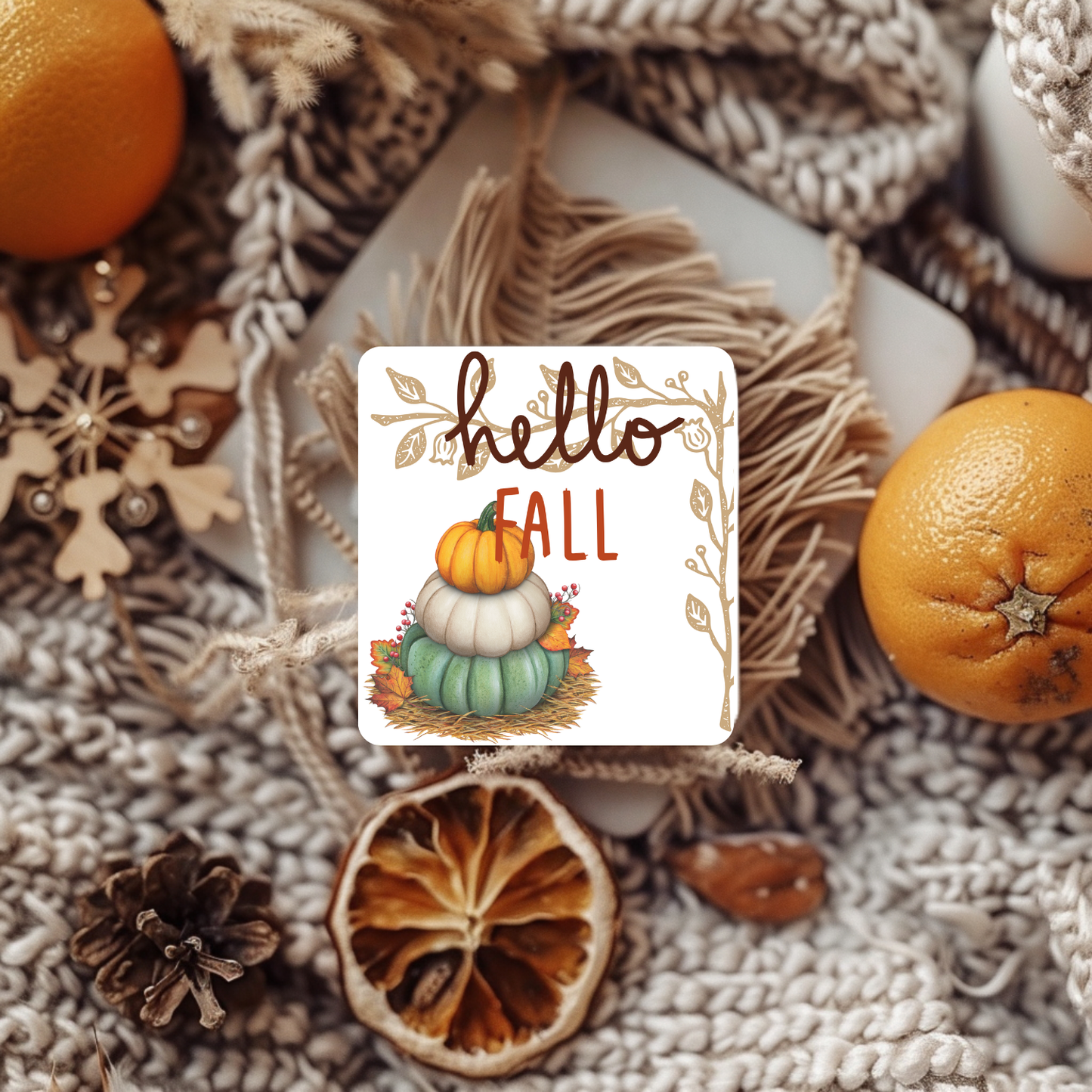 “Hello Fall” Stacked Pumpkins Coaster