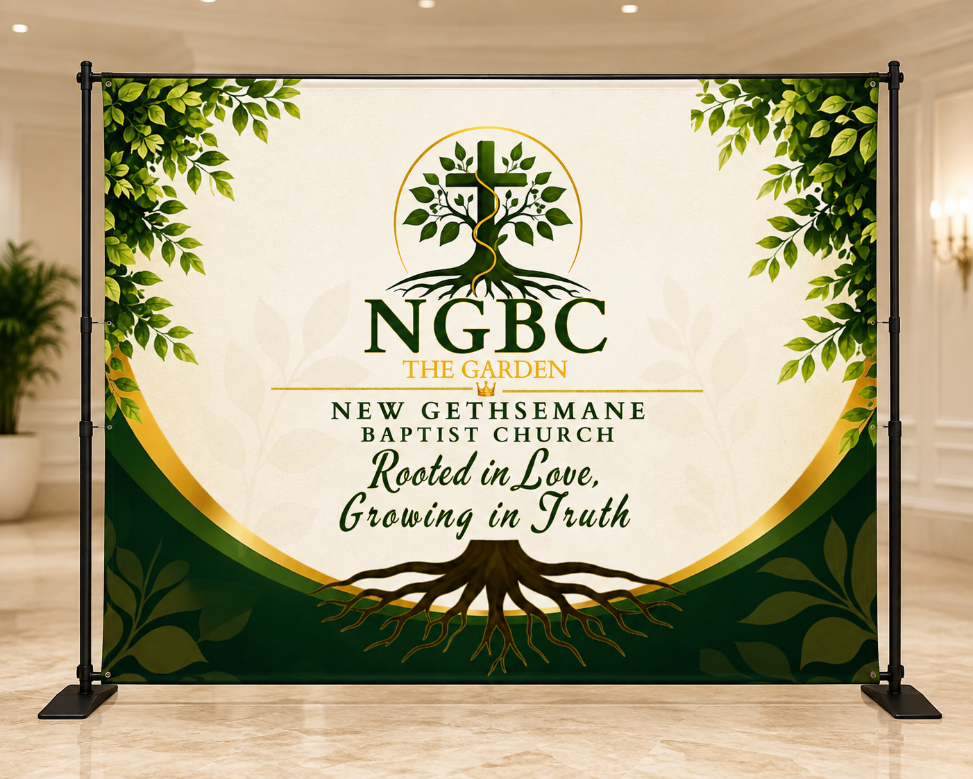 NGBC  Rooted in Love Growing in Faith backdrop with stand