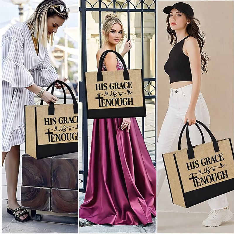 “His Grace is Enough” Canvas Pocket Jute Tote