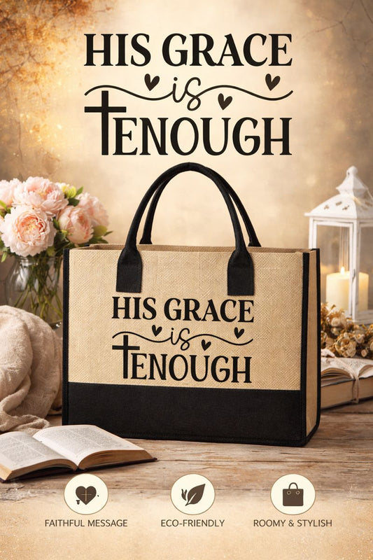 “His Grace is Enough” Canvas Pocket Jute Tote