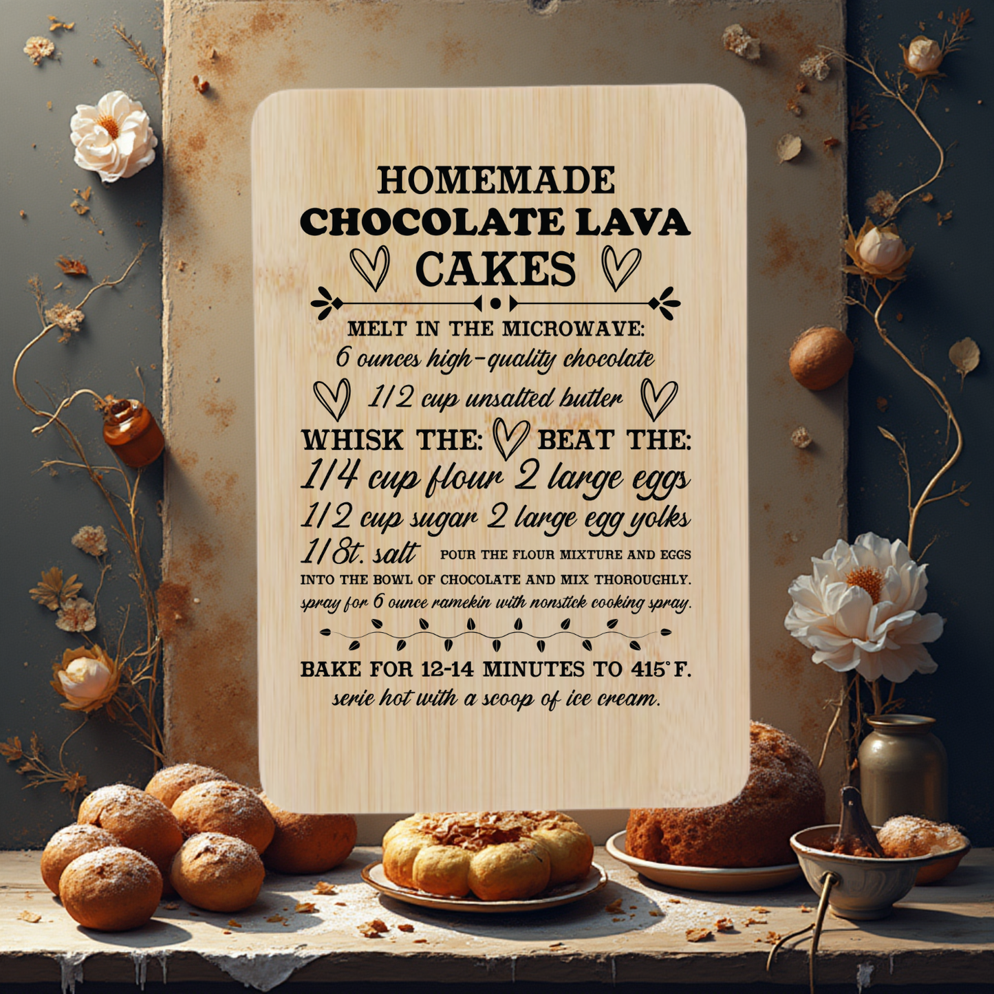 “Engraved bamboo cutting board with Homemade Chocolate Lava Cakes recipe design — 9.8 x 6.68 inch kitchen keepsake.”