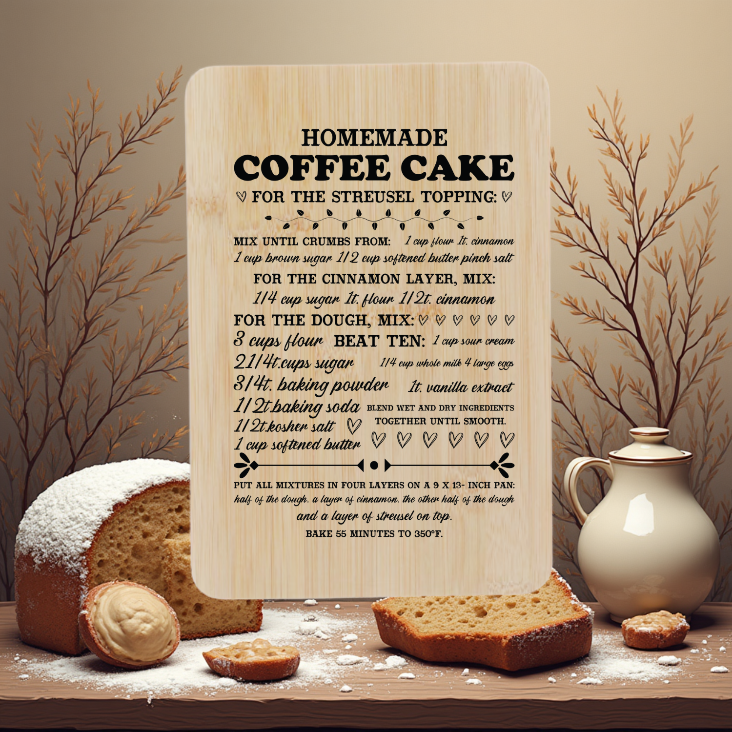 “Engraved bamboo cutting board with Homemade Coffee Cake recipe design — 9.8 x 6.68 inch kitchen keepsake.”
