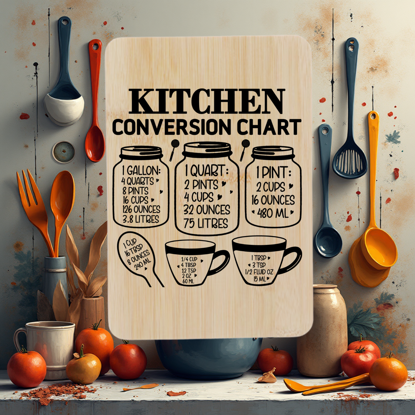 “Bamboo cutting board engraved with a metric and US kitchen conversion chart with jar icons — 9.8 x 6.68 inches.”