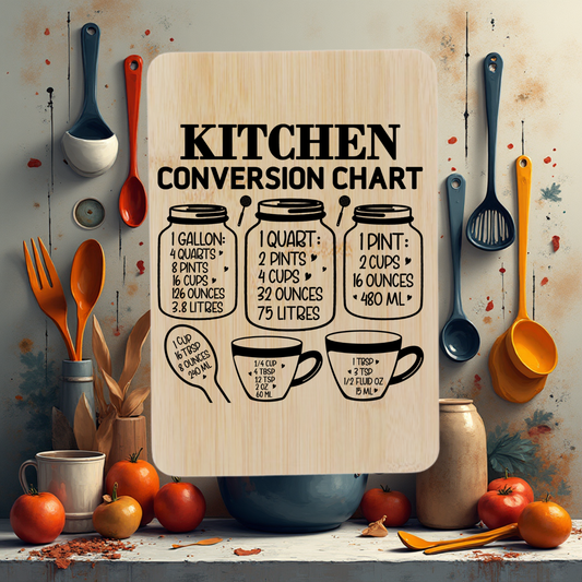 “Bamboo cutting board engraved with a metric and US kitchen conversion chart with jar icons — 9.8 x 6.68 inches.”