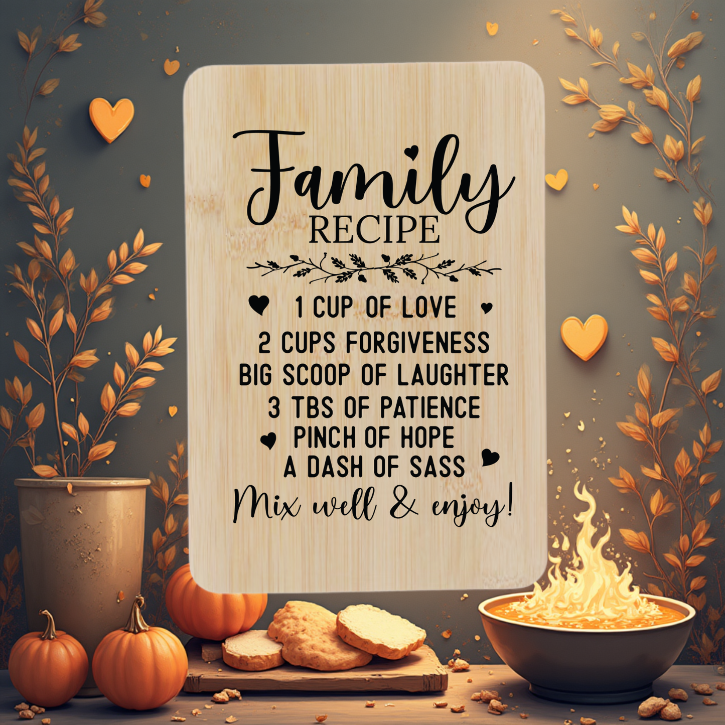 Family Recipe “Mix Well & Enjoy” Engraved Bamboo Board