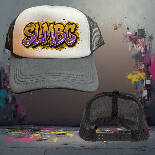 St. Luke Graffiti Trucker Hat – White & Black