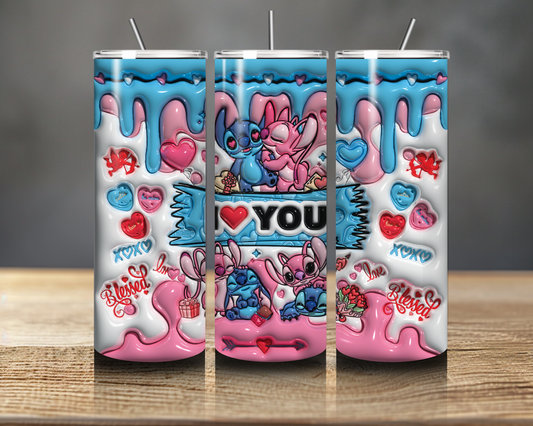 I ❤️ You” Blue & Pink Drip Alien Love 20oz Skinny Tumbler