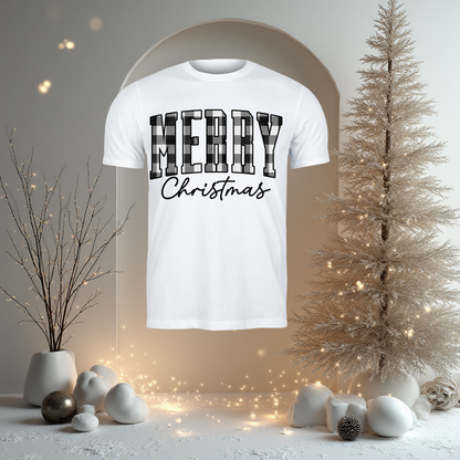 Christmas - Short Sleeve Shirt: MERRY Black & White Plaid