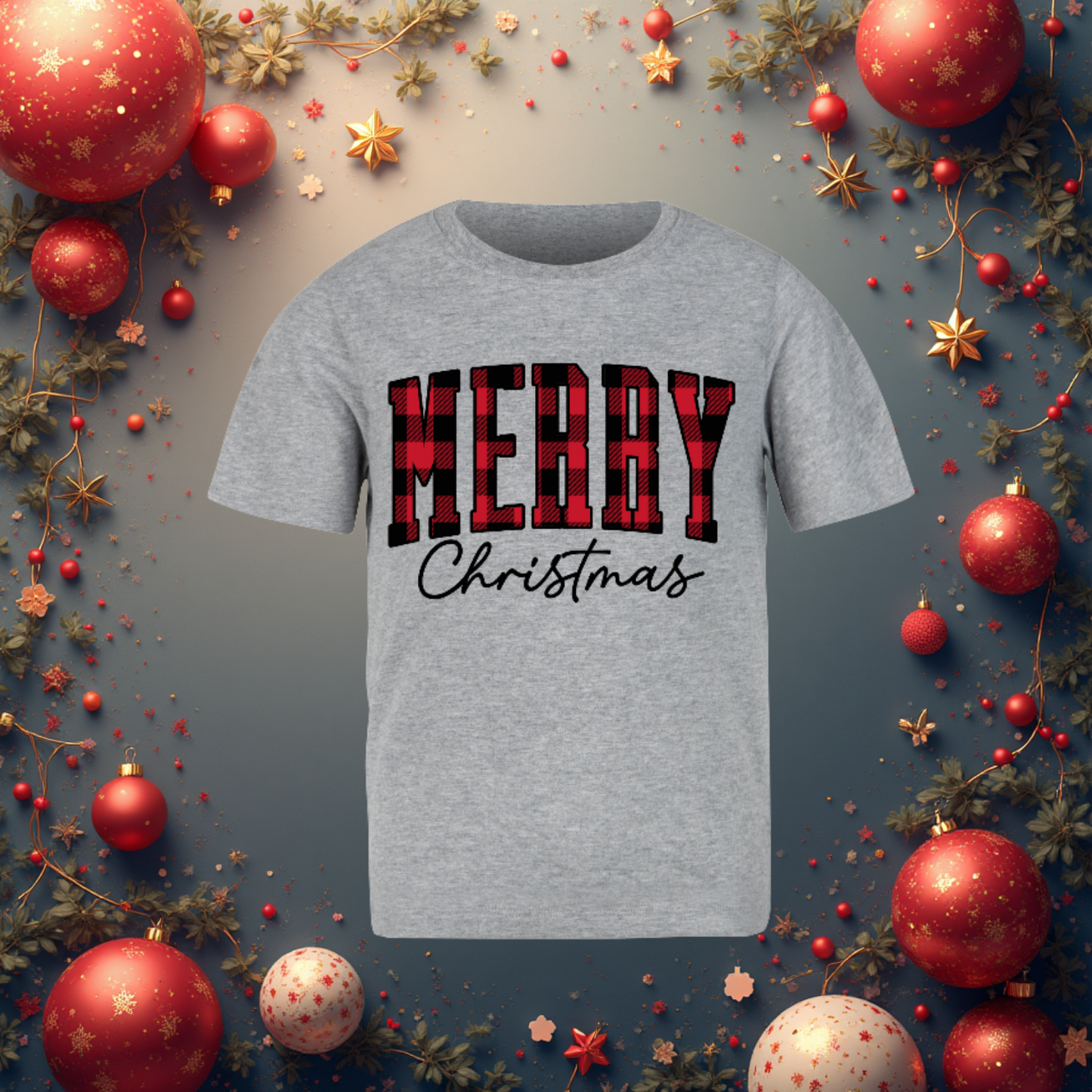 MERRY Red Plaid Christmas Tee | Holiday Buffalo Plaid T-Shirt - ShopartsBG