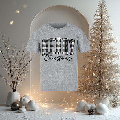 Christmas - Short Sleeve Shirt: MERRY Black & White Plaid
