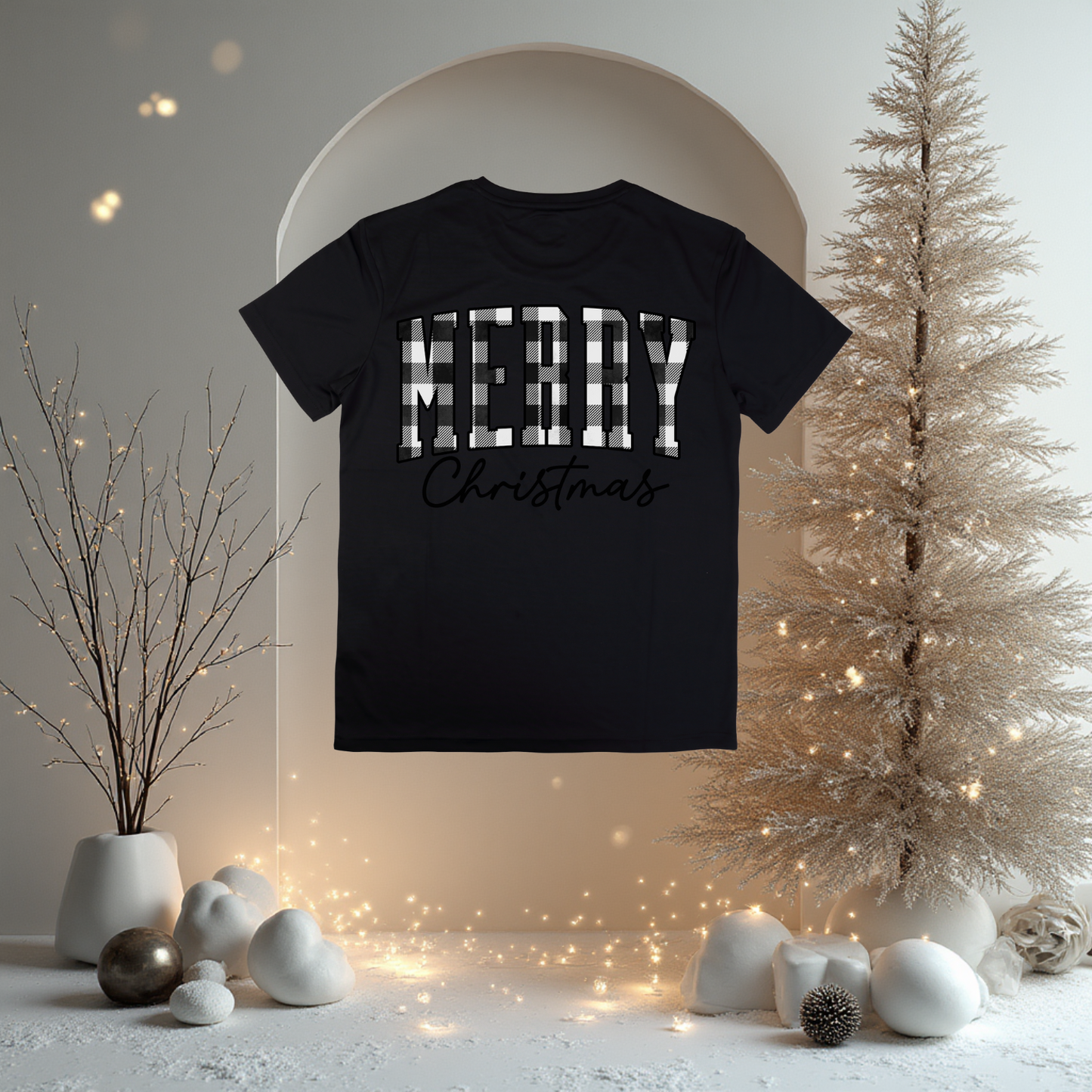 Christmas - Short Sleeve Shirt: MERRY Black & White Plaid