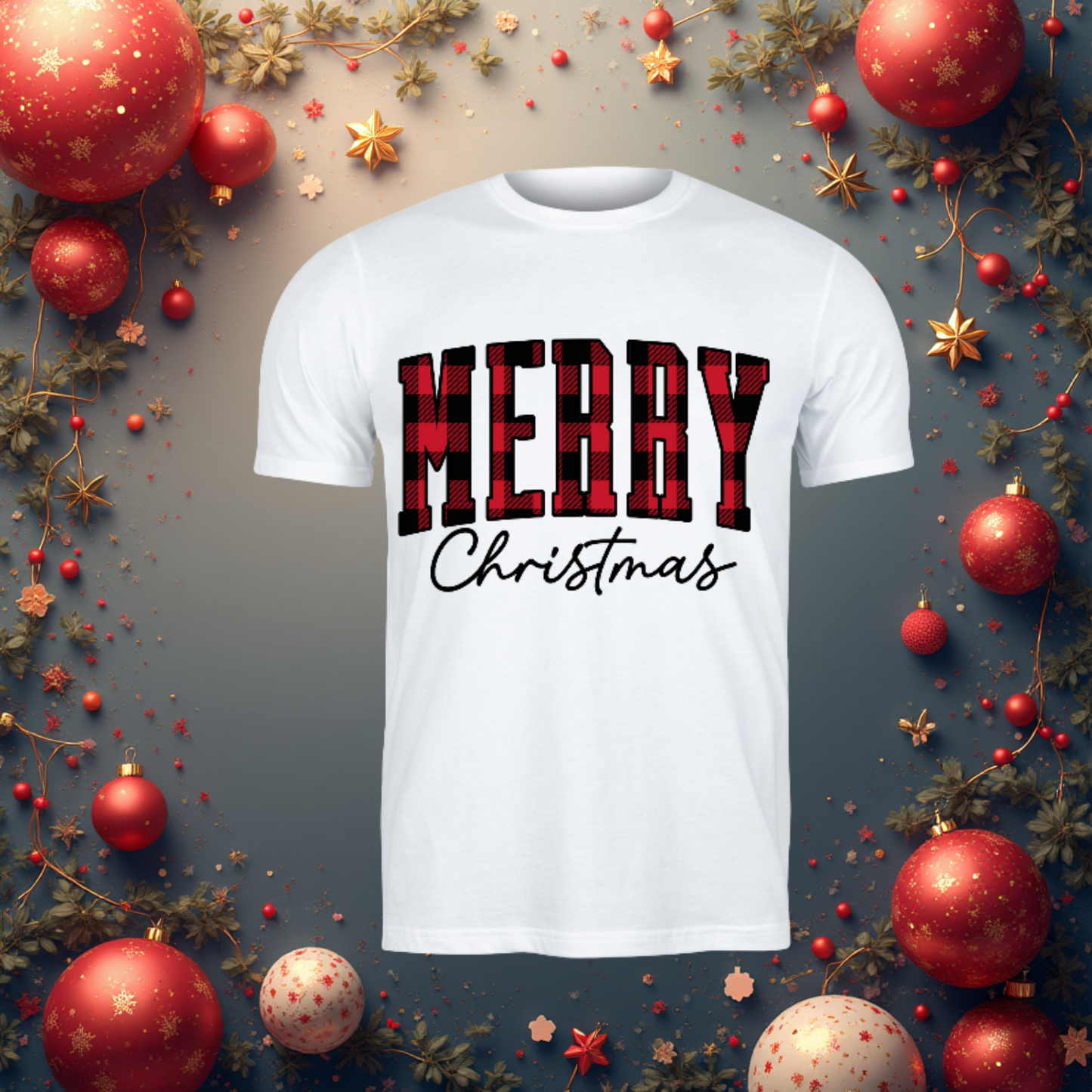 MERRY Red Plaid Christmas Tee | Holiday Buffalo Plaid T-Shirt - ShopartsBG