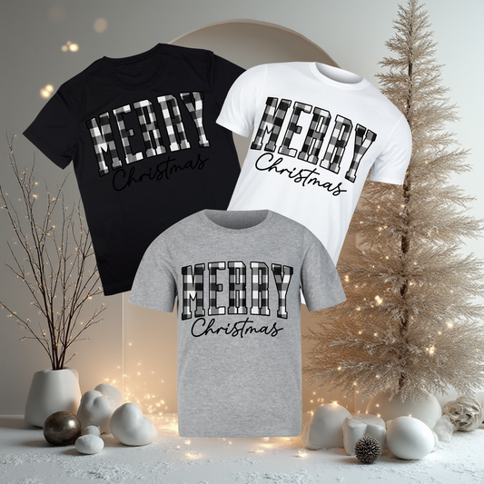 Christmas - Short Sleeve Shirt: MERRY Black & White Plaid