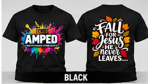 AMPED Fall for Jesus realistic black adult T-shirt front and back