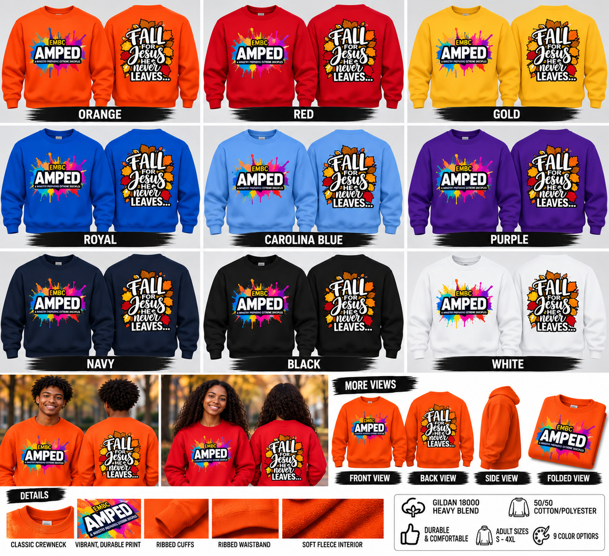 AMPED Fall for Jesus adult crewneck sweatshirts nine colors, front and back, lifestyle and details