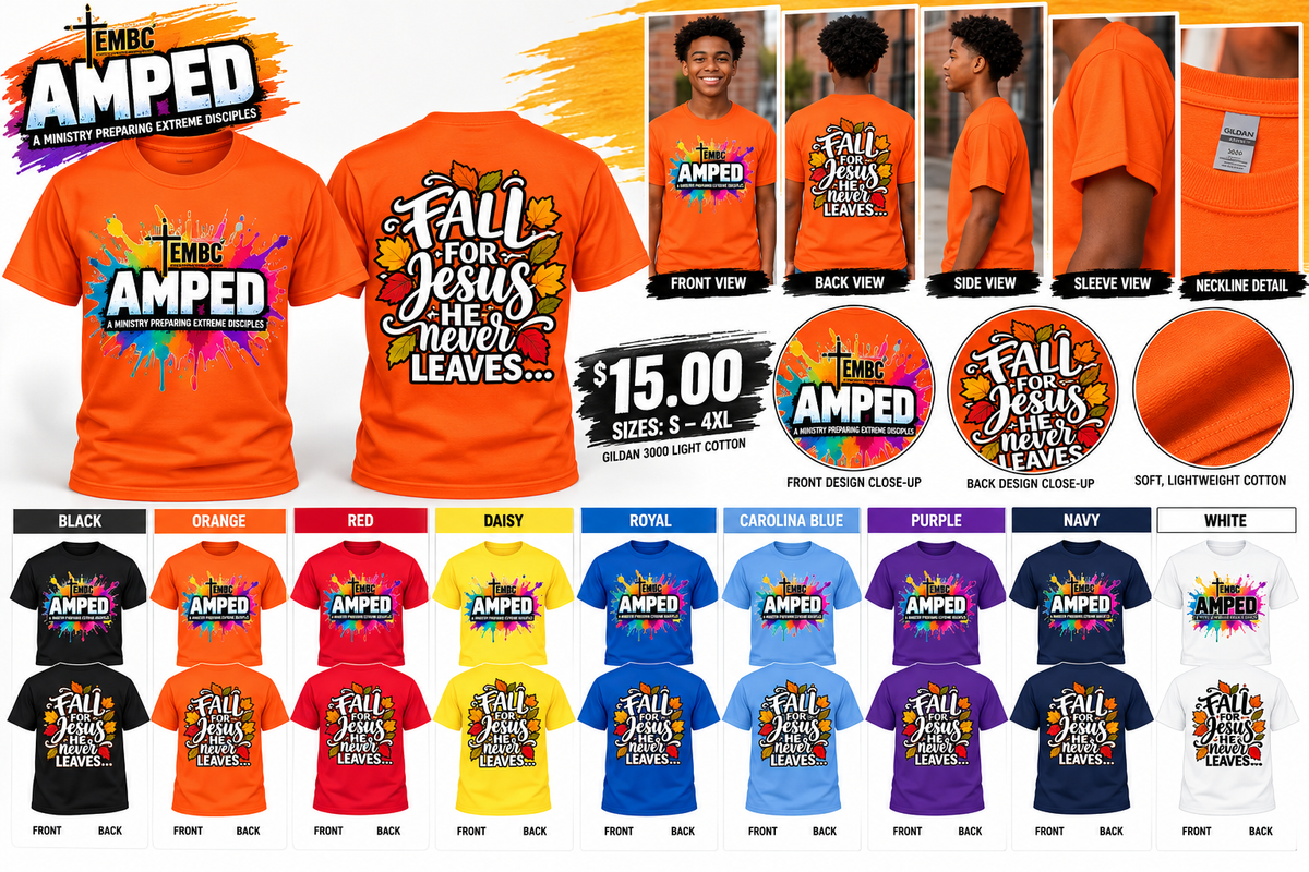 AMPED Fall for Jesus adult T-shirt product views and nine colors