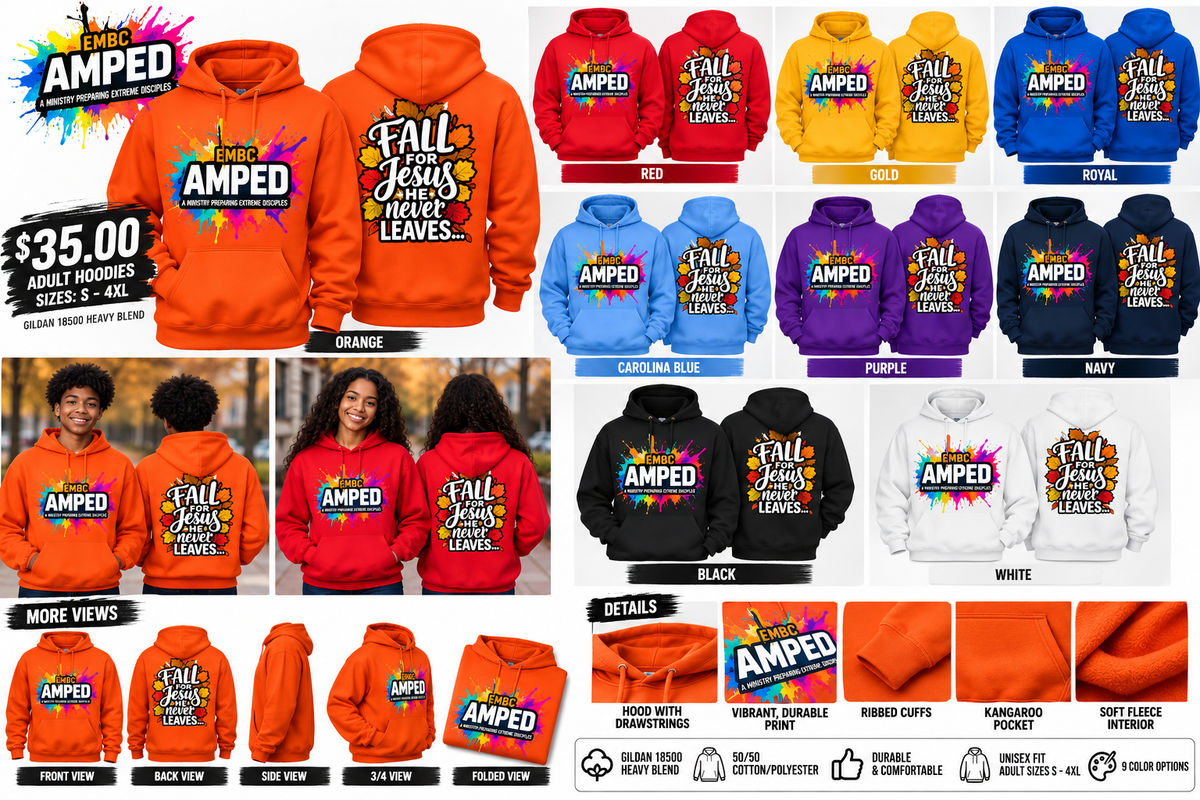 AMPED Fall for Jesus adult hoodies additional lifestyle, side, front, back, and fabric detail views