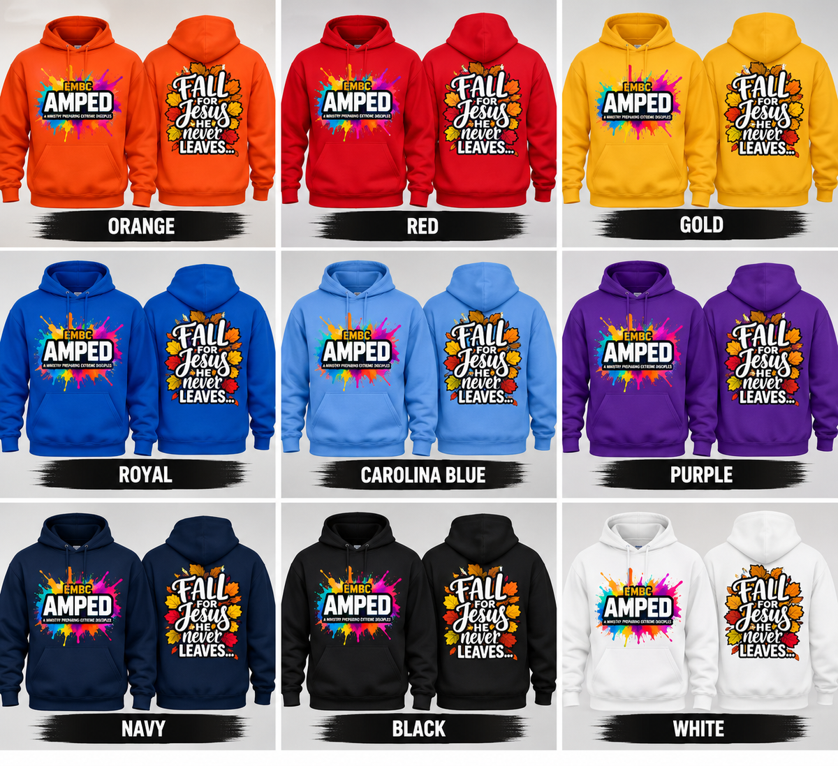 AMPED Fall for Jesus adult hoodies front and back nine colors