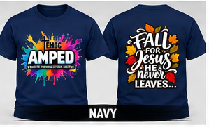 AMPED Fall for Jesus realistic navy adult T-shirt front and back